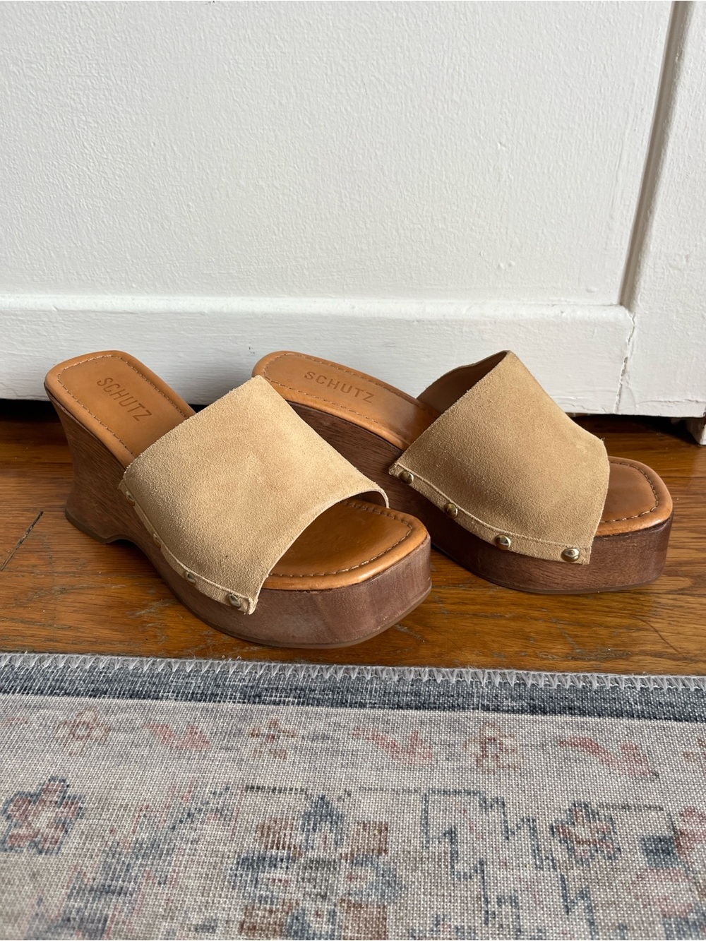SCHUTZ Tan Suede Platform Clog Mules